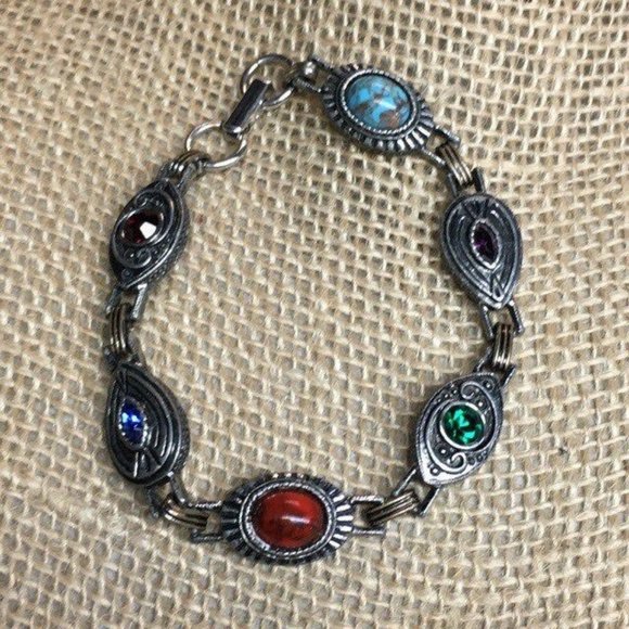 Exotic Multicolor Bracelet Silver Eye Teardrop Oval Rhinestone Marbled BoHo - Picture 5 of 6